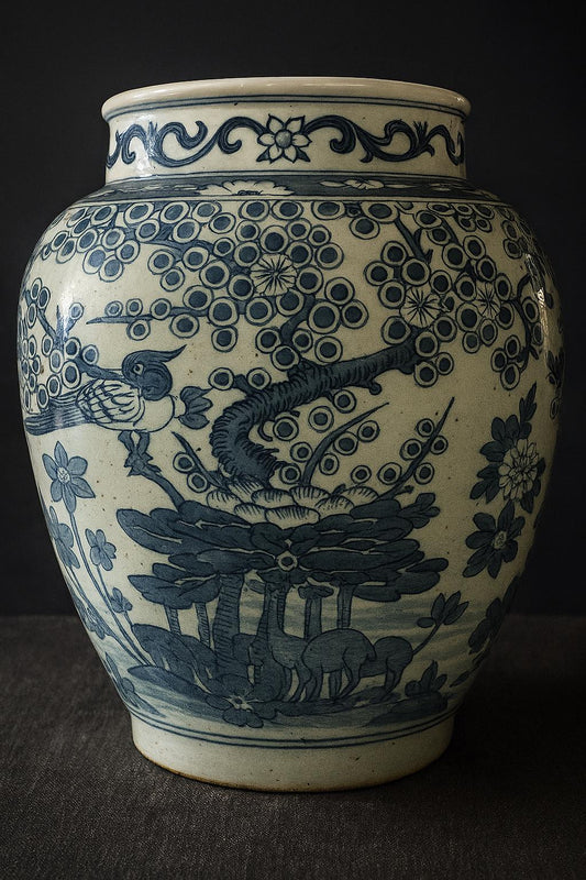 Vintage Style Blue White Porcelain Vase – Pagoda Landscape Floral Motif Ceramic Art