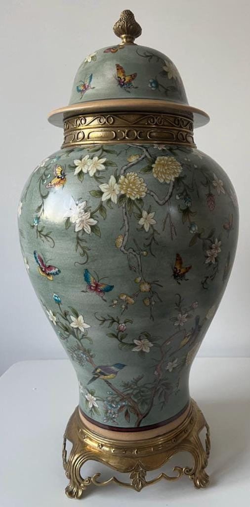 Green Porcelain Ginger Jar with Butterflies & Flowers – Gilded Decorative 67cm H