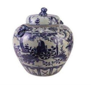 Blue White Porcelain Ginger Jar – Crackle Glaze Foo Dog Finial Asian Decor