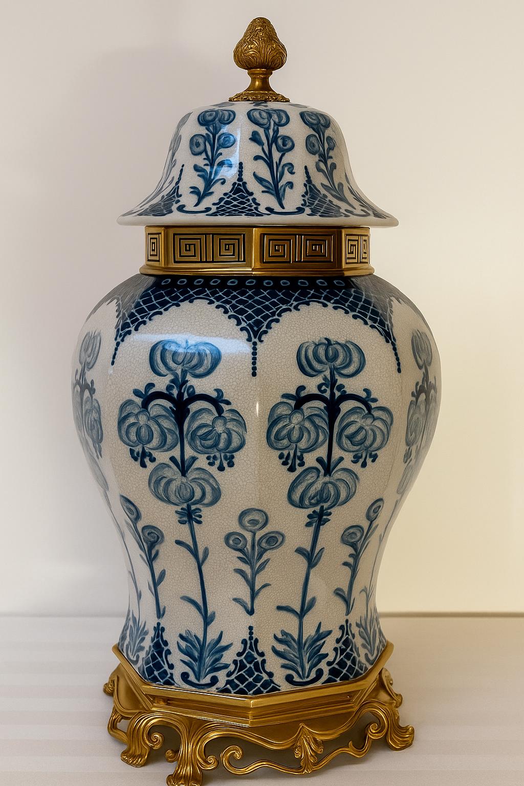Blue and White Porcelain Ginger Jar with Lid – Decorative Urn with Gilt Base (22")