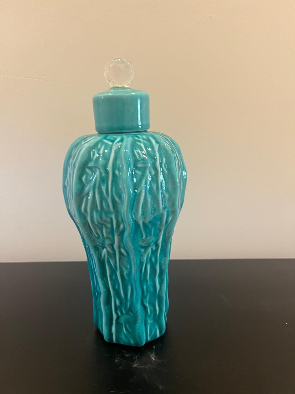 Turquoise Ceramic Lidded Jar with Crystal Finial – Decorative Home Accent