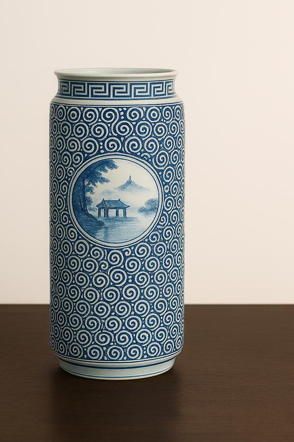 Vintage Style Chinese Blue and White Porcelain Umbrella Stand – Pagoda Landscape