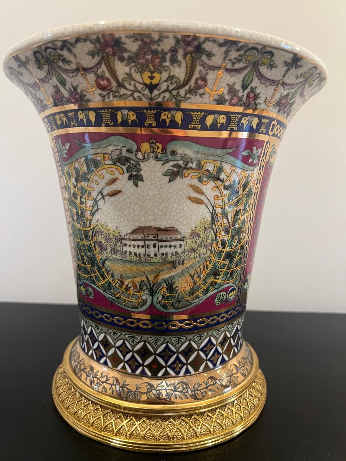 Art Deco Porcelain Vase with Gold Base & Estate Scene