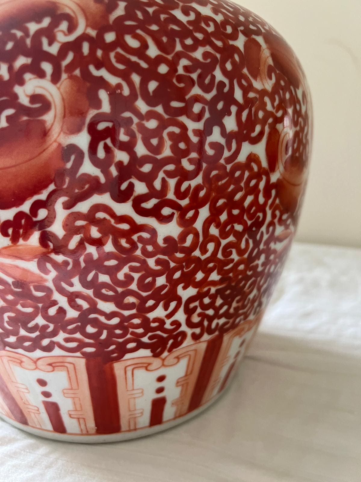 Red & White Decorative Ceramic Jar – Handcrafted Floral and Geometric Design with Lid