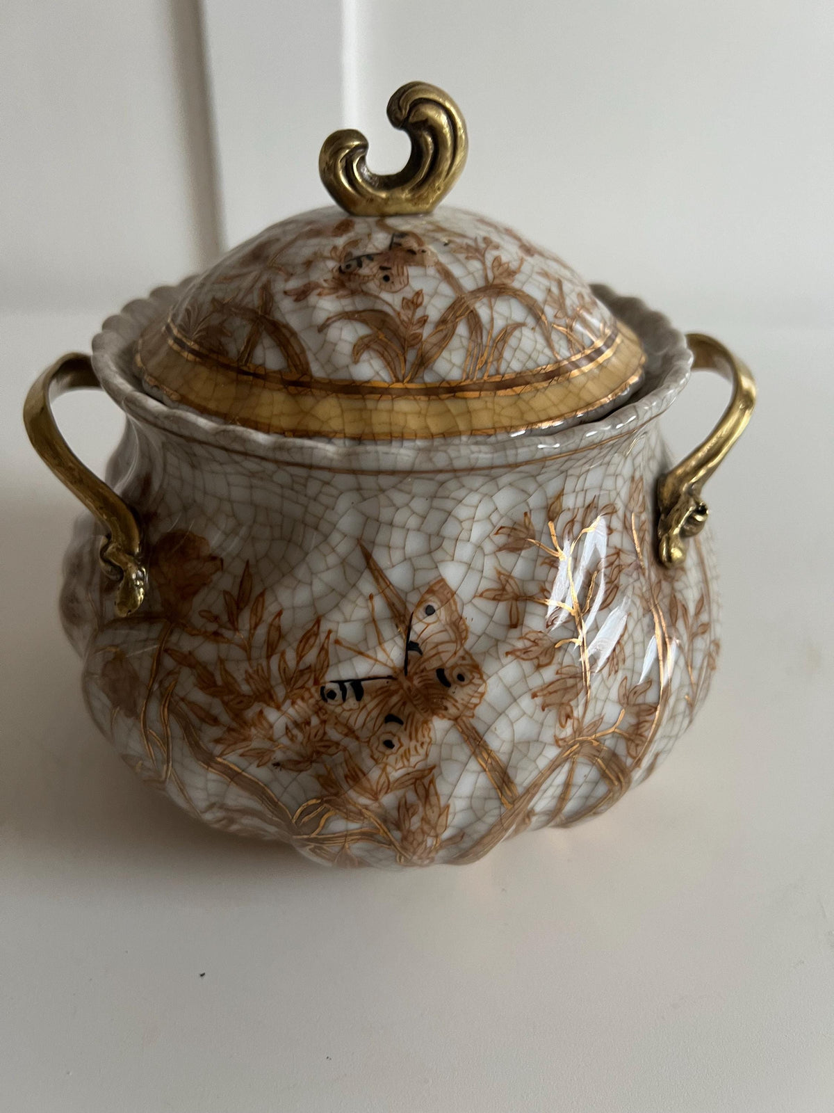 Crackle Glaze Porcelain Lidded Jar with Gilt Handles – Floral & Butterfly Decor