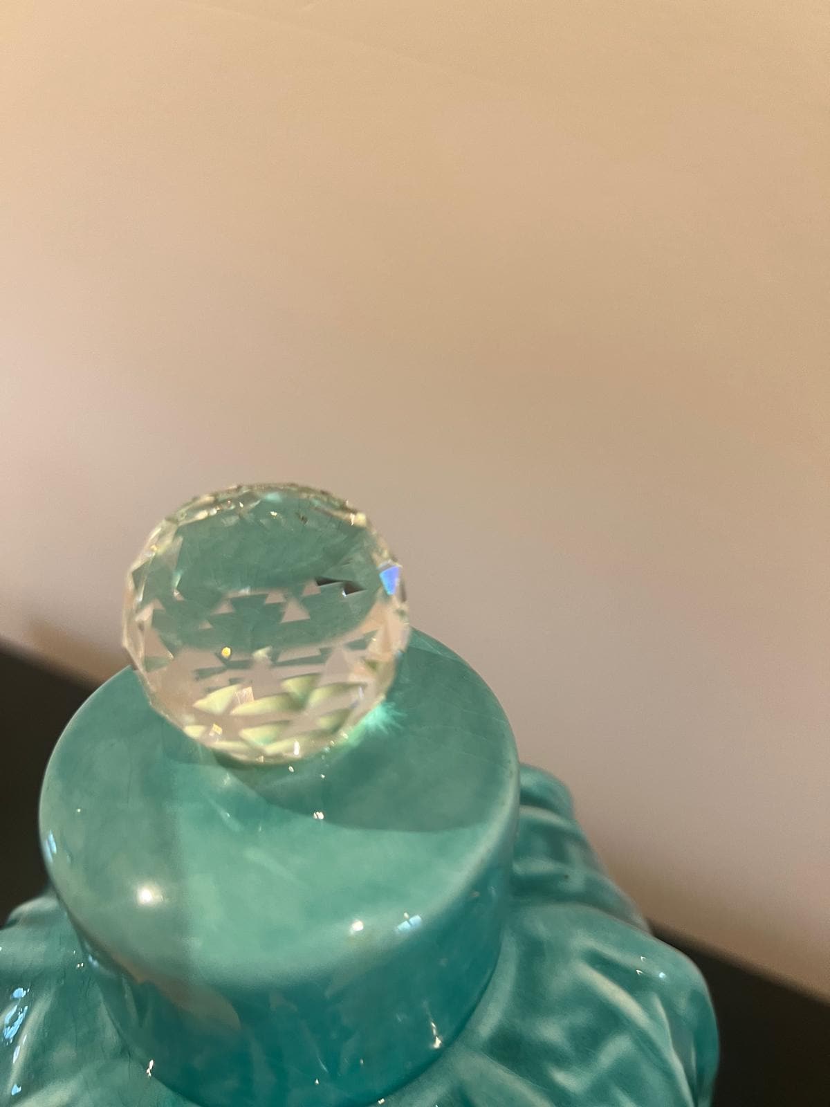 Turquoise Ceramic Lidded Jar with Crystal Finial – Decorative Home Accent
