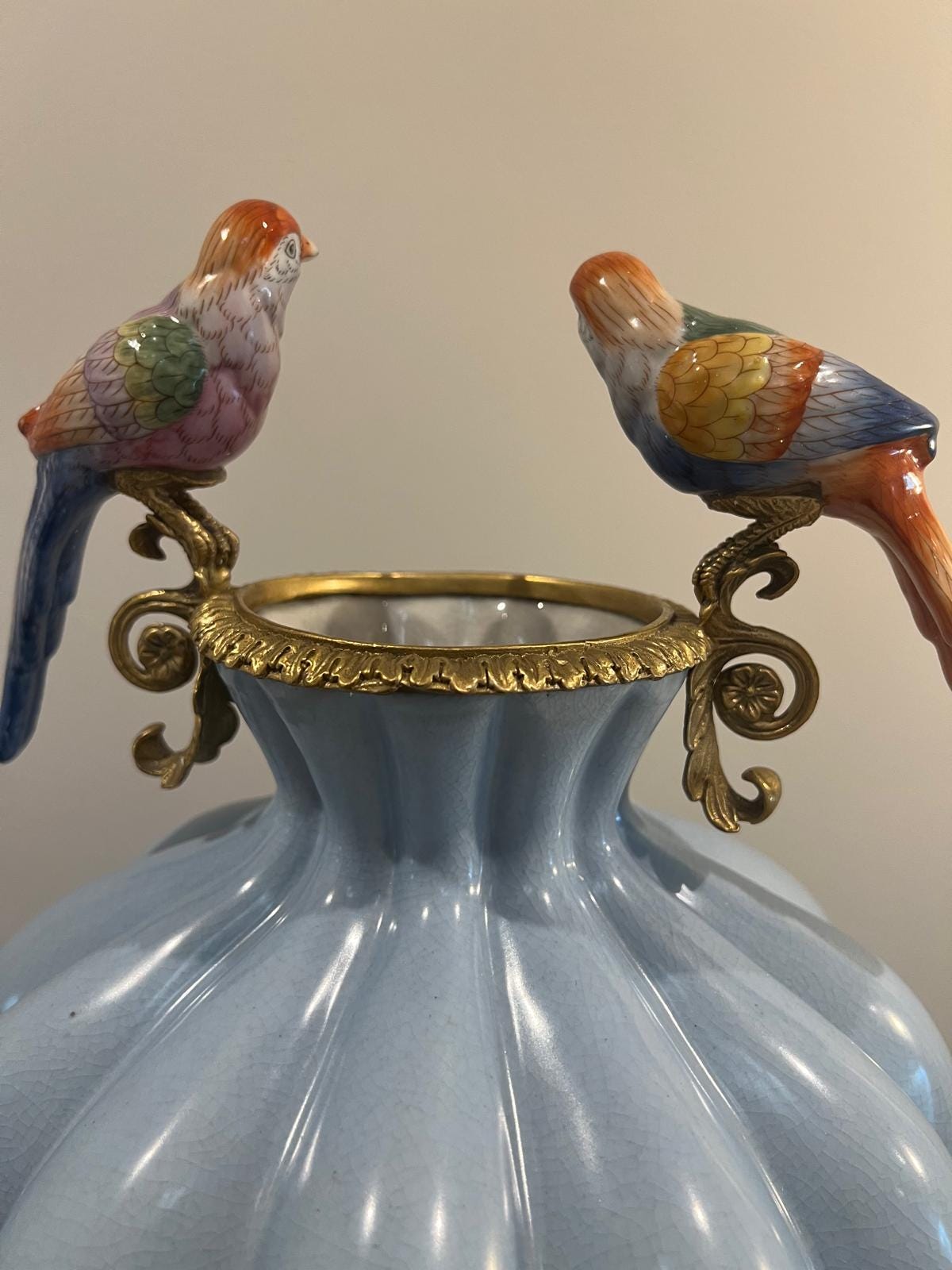 Art Deco Luxury Porcelain Vase with Gold Base and Hand‑Painted Birds