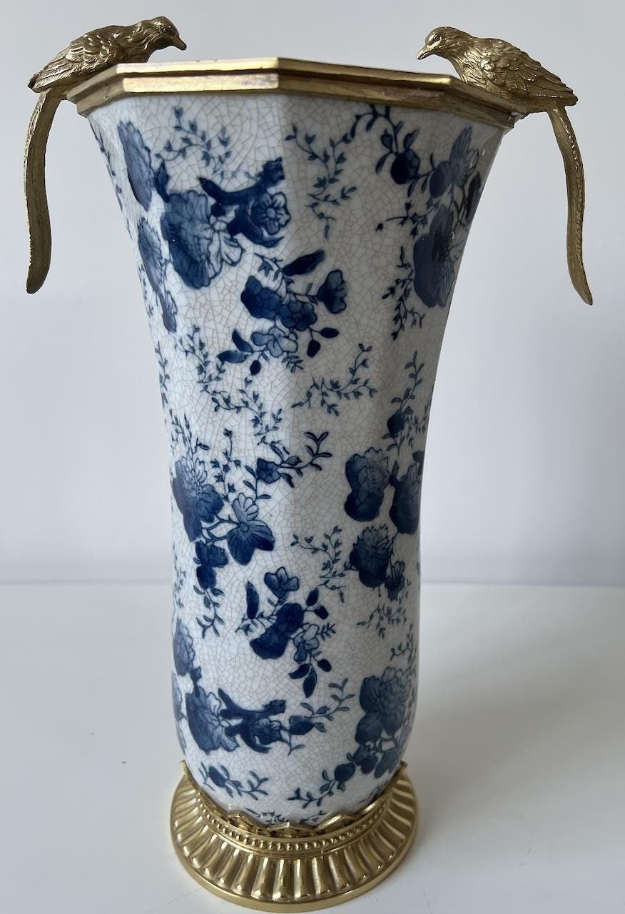 Blue and White Porcelain Vase: Bronze Accents, Spring Flower Motif (35.5 cm)