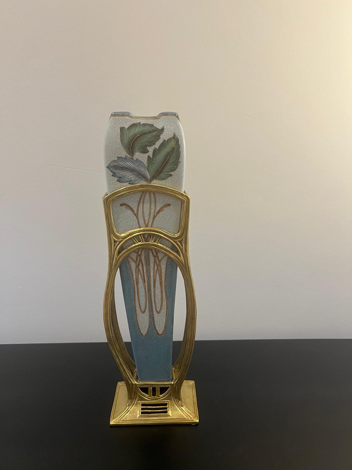 Art Nouveau Porcelain Vase with Gold Frame & Floral Design