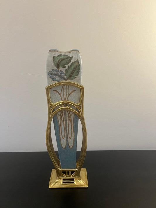 Art Nouveau Porcelain Vase with Gold Frame & Floral Design