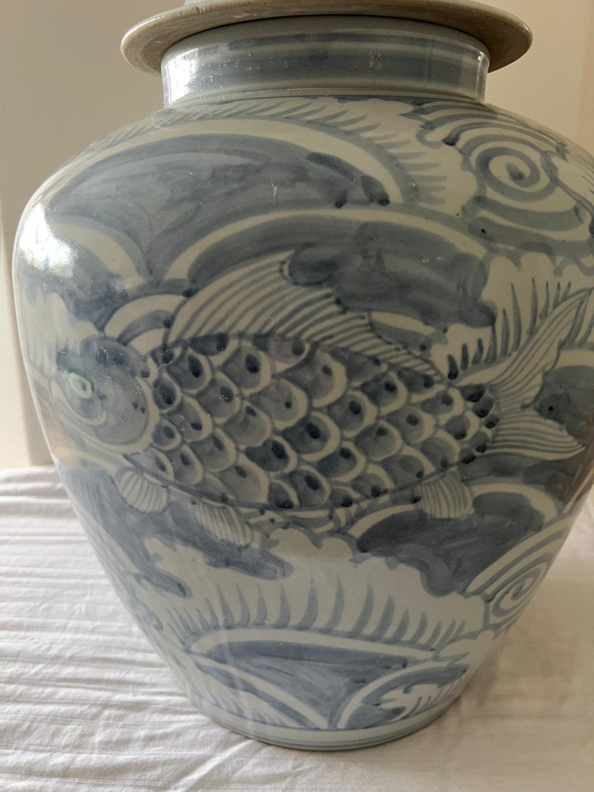 Blue and White Ceramic Ginger Jar – Hand-Painted Koi Fish & Wave Motif