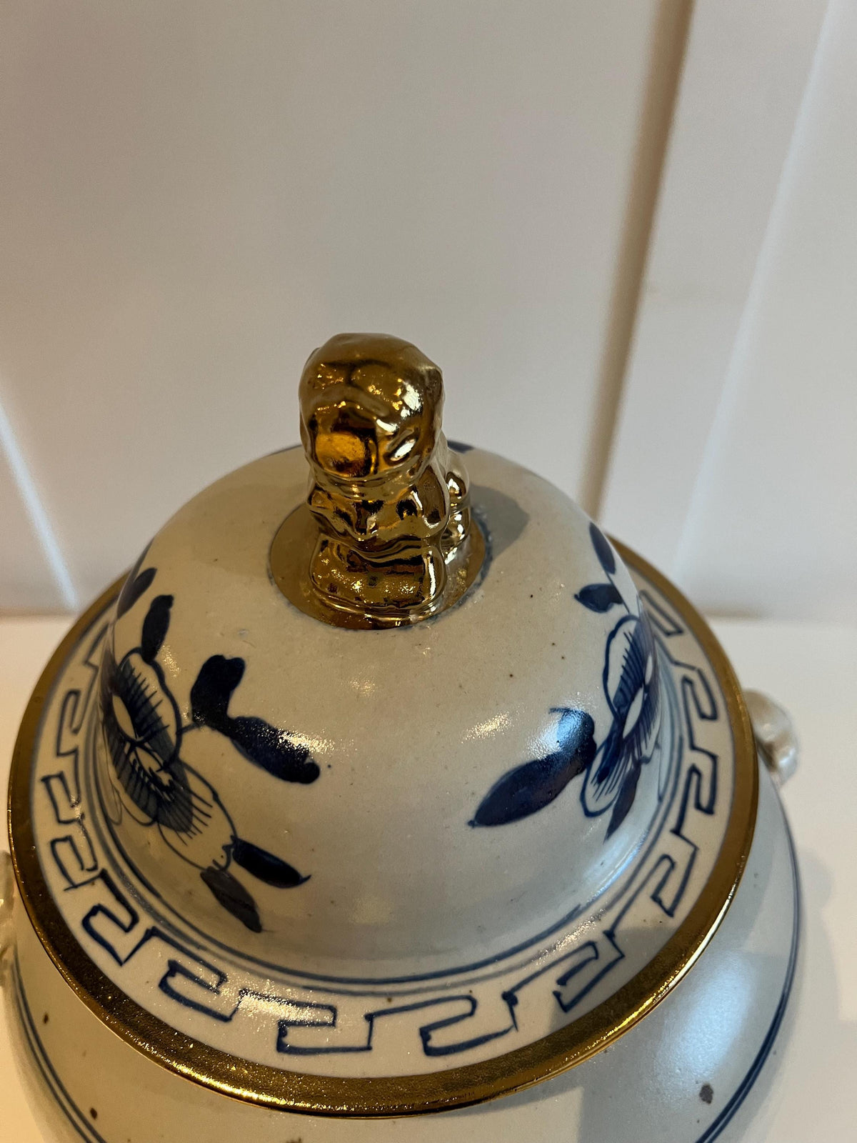 Blue and White Porcelain Ginger Jar with Bird & Floral Motif – Gilt Lidded Decor 19"