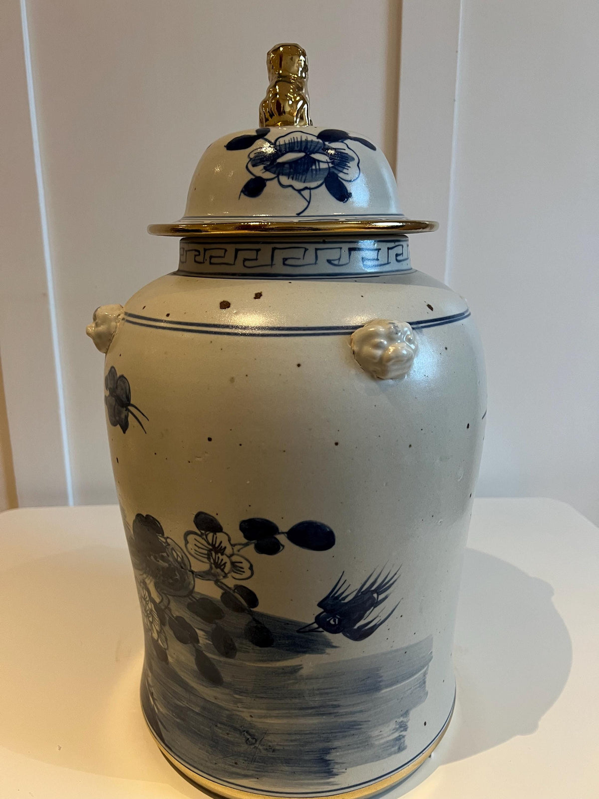 Blue and White Porcelain Ginger Jar with Bird & Floral Motif – Gilt Lidded Decor 19"