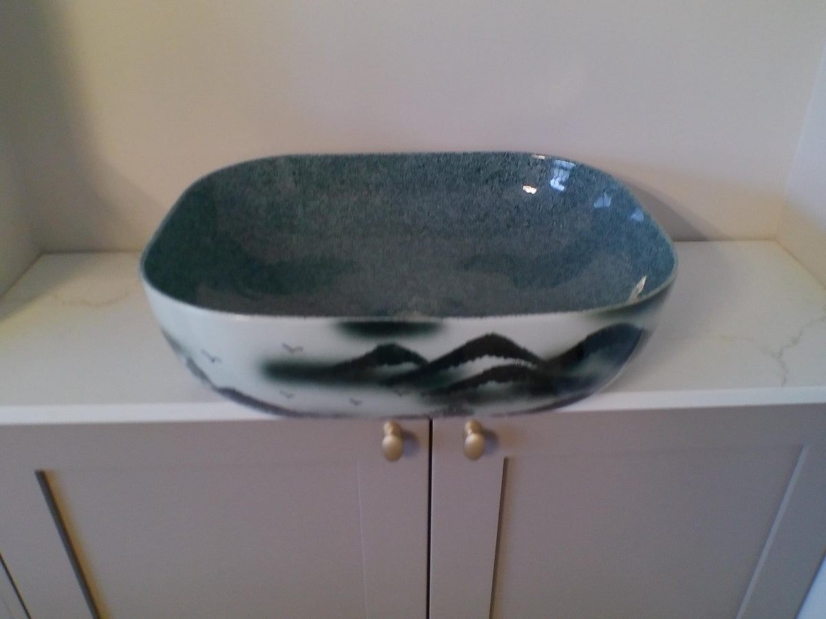 Hand‑Painted Porcelain Basin – Grey Landscape Bathroom Sink – Modern Artistic Wash Bowl