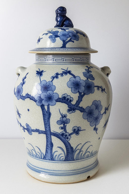Blue and White Porcelain Ginger Jar – Floral Motif with Handles & Lid