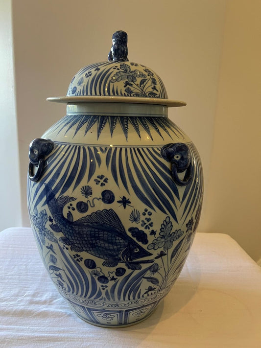 Vintage Chinese Blue and White Porcelain Ginger Jar - Fish Motif