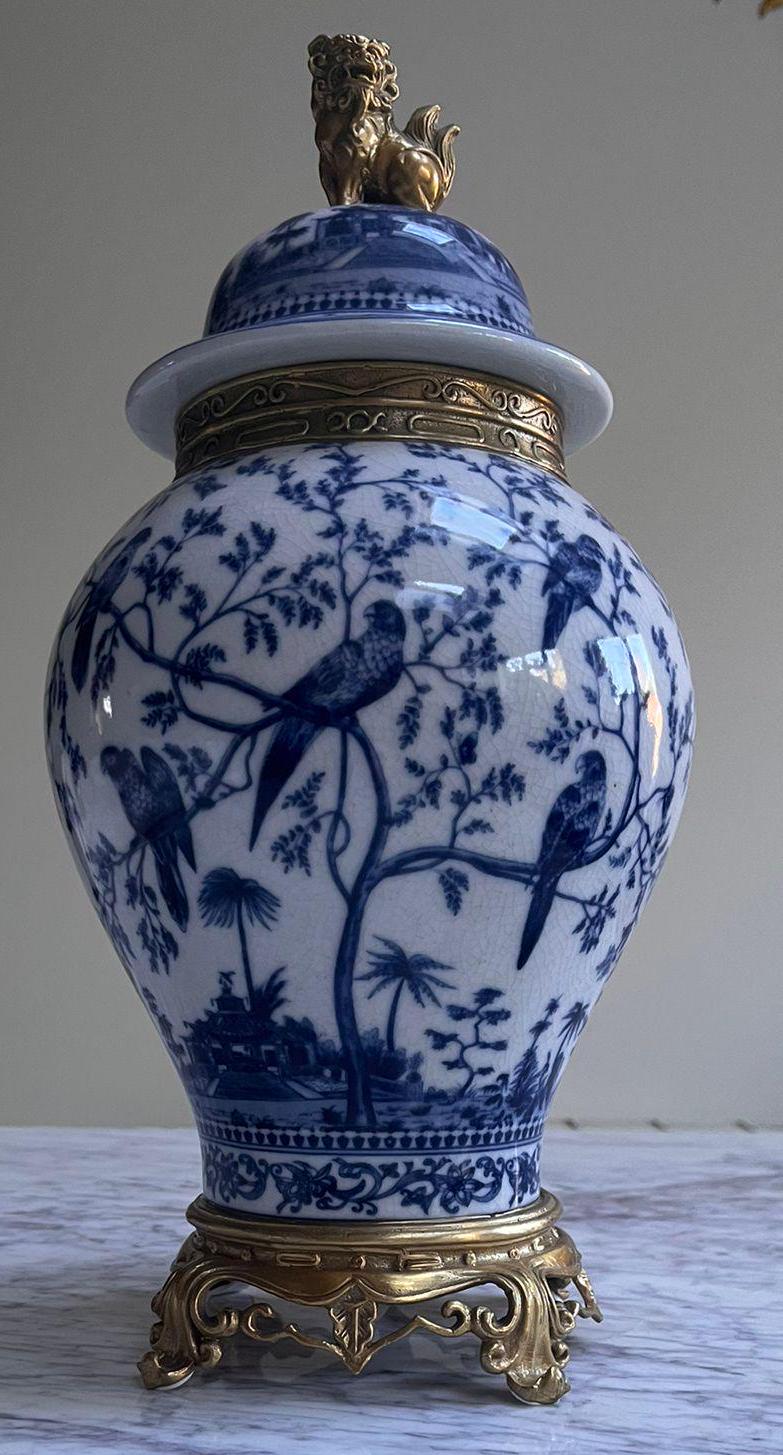 Blue and White Ginger Jar: Bronze Foo Dog Lid, Parrot Motif