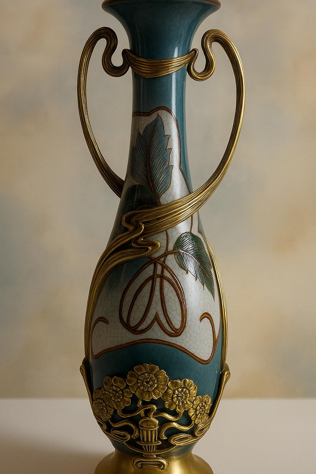 Art Nouveau Porcelain Vase with Gold Floral Base