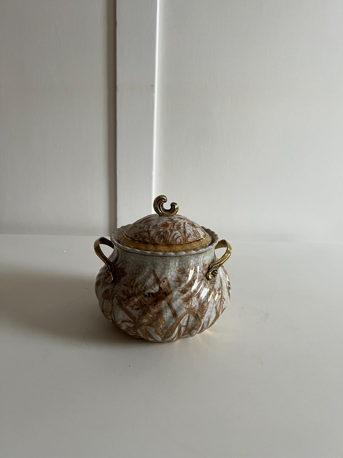 Crackle Glaze Porcelain Lidded Jar with Gilt Handles – Floral & Butterfly Decor