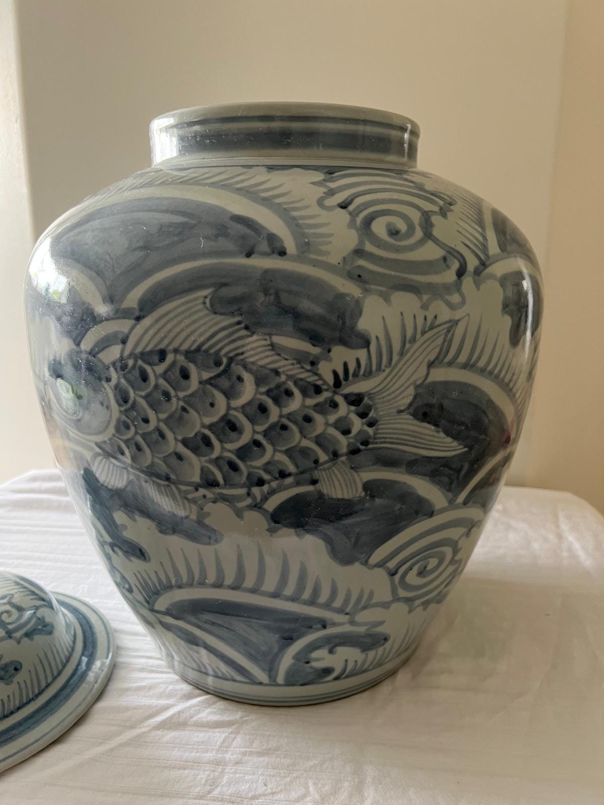 Blue and White Ceramic Ginger Jar – Hand-Painted Koi Fish & Wave Motif