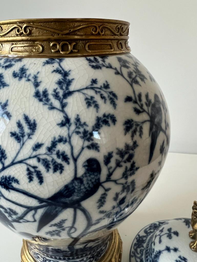 Blue and White Ginger Jar: Bronze Foo Dog Lid, Parrot Motif