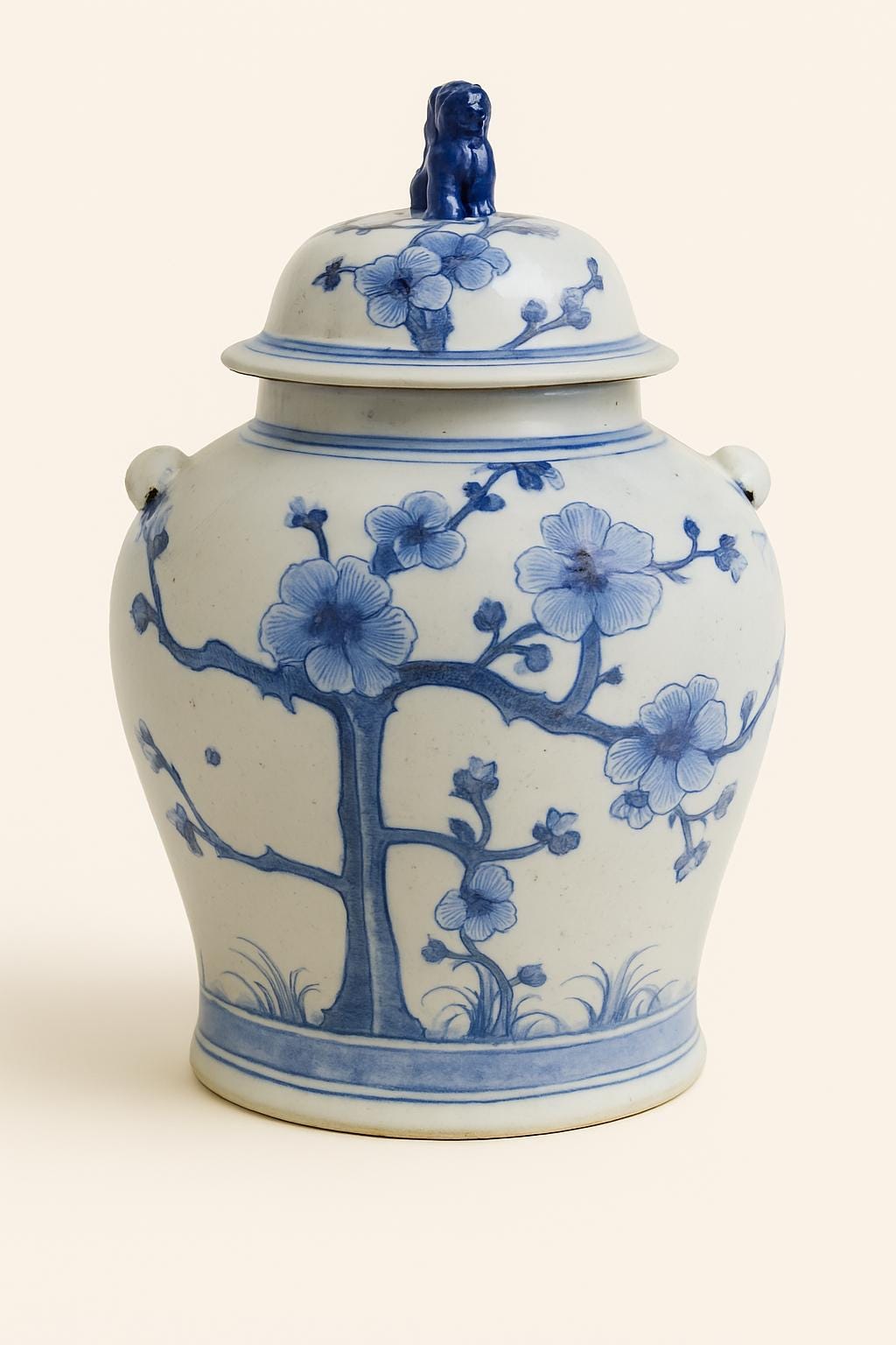 Blue and White Porcelain Ginger Jar – Floral Motif with Handles & Lid