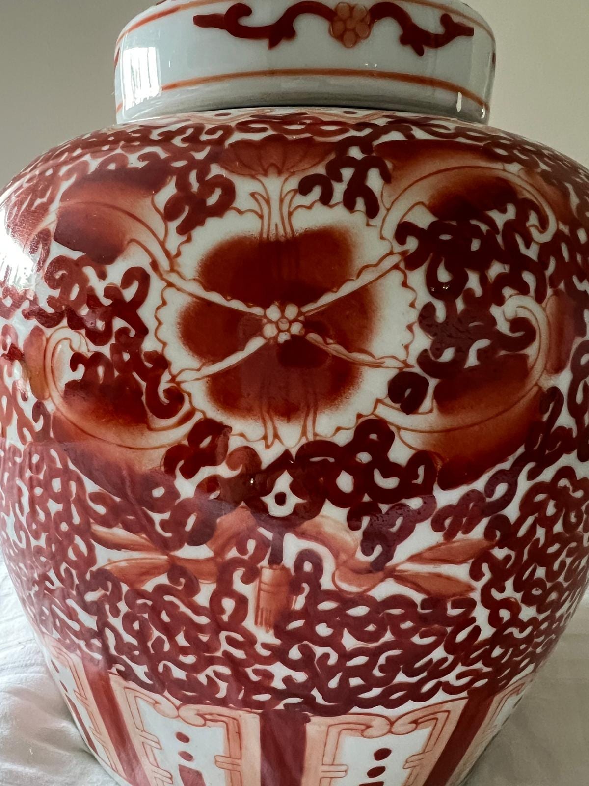 Red & White Decorative Ceramic Jar – Handcrafted Floral and Geometric Design with Lid