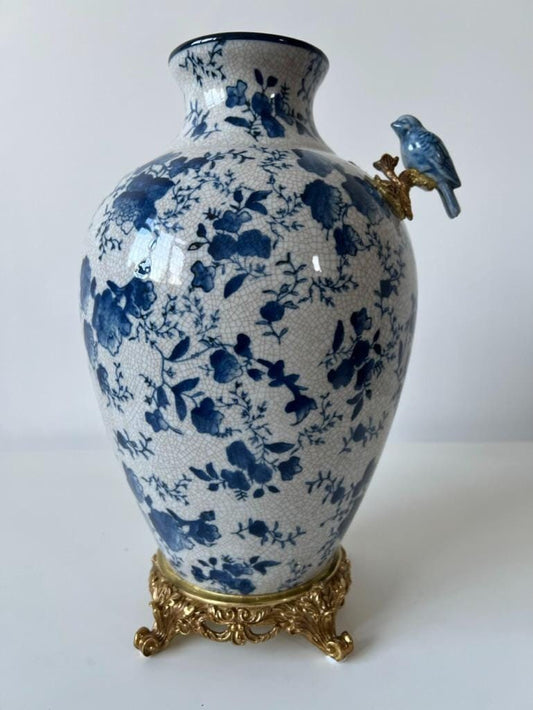 Blue and White Crackle Glaze Porcelain Vase with Bird Detail – Gilt Metal Base