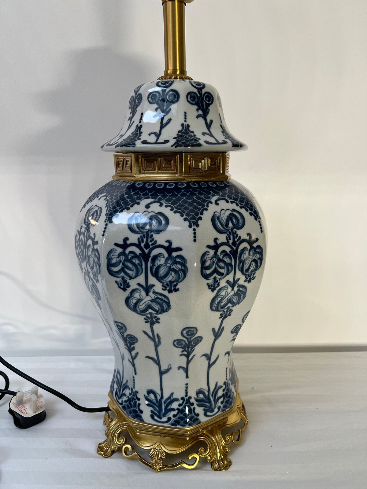 Blue and White Porcelain Table Lamp with Fabric Shade – Classic Decorative Lighting - 95cm