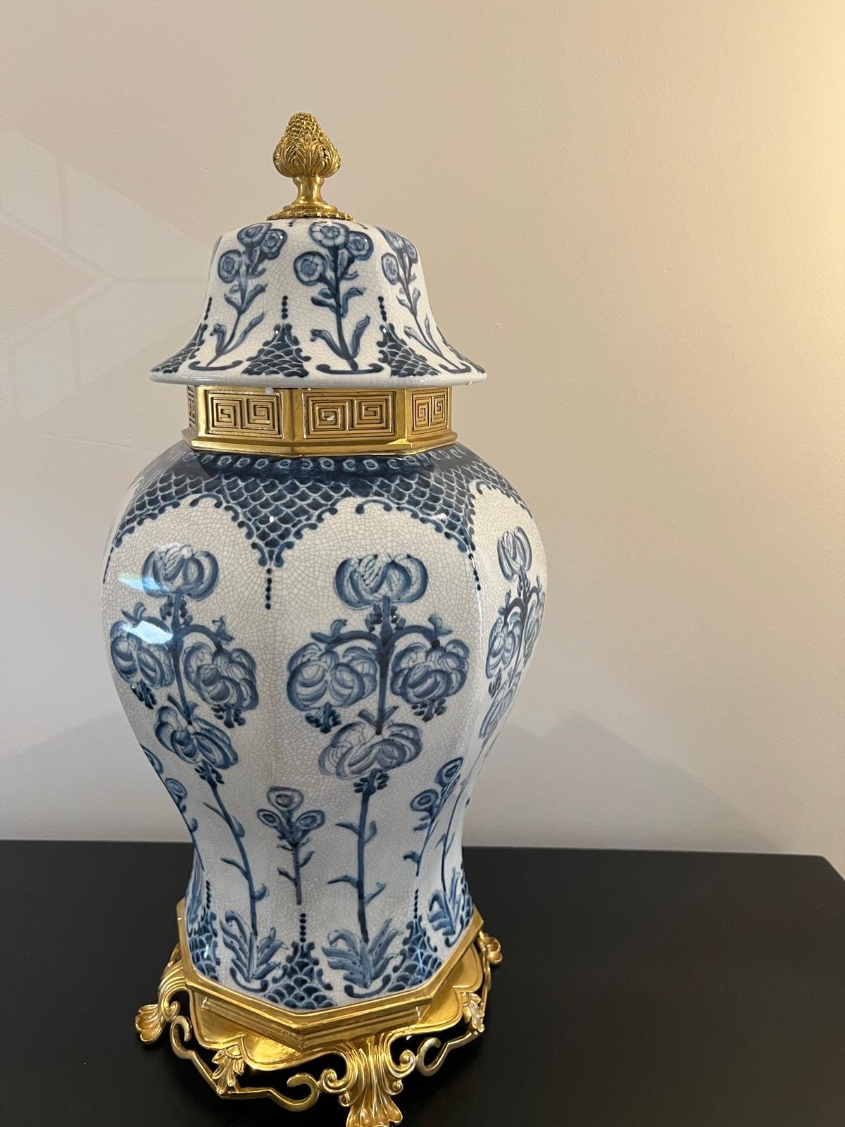Blue and White Porcelain Ginger Jar with Lid – Decorative Urn with Gilt Base (22")