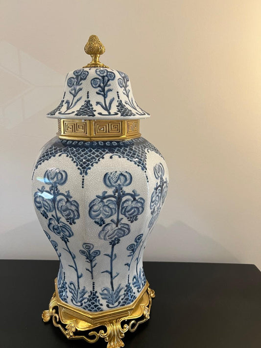 Blue and White Porcelain Ginger Jar with Lid – Decorative Urn with Gilt Base (22")