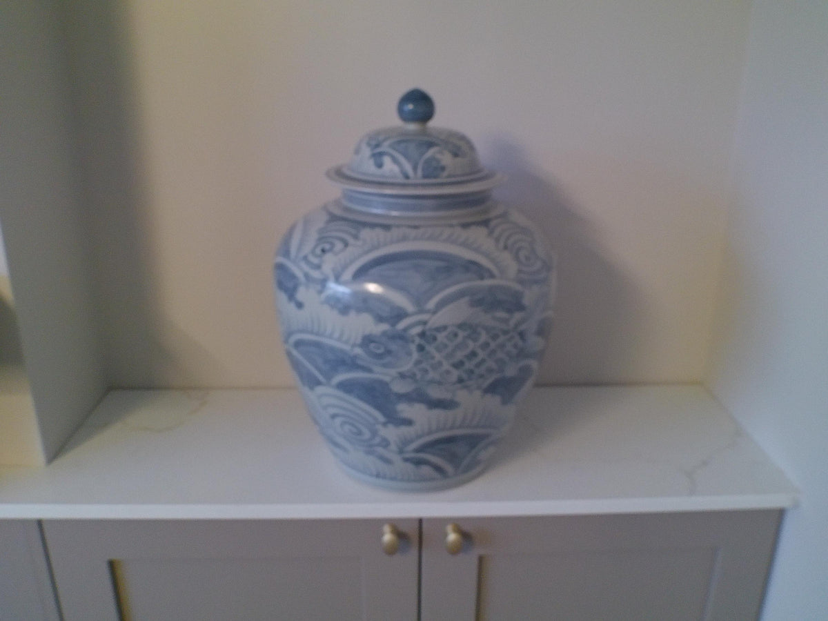Blue and White Ceramic Ginger Jar – Hand-Painted Koi Fish & Wave Motif