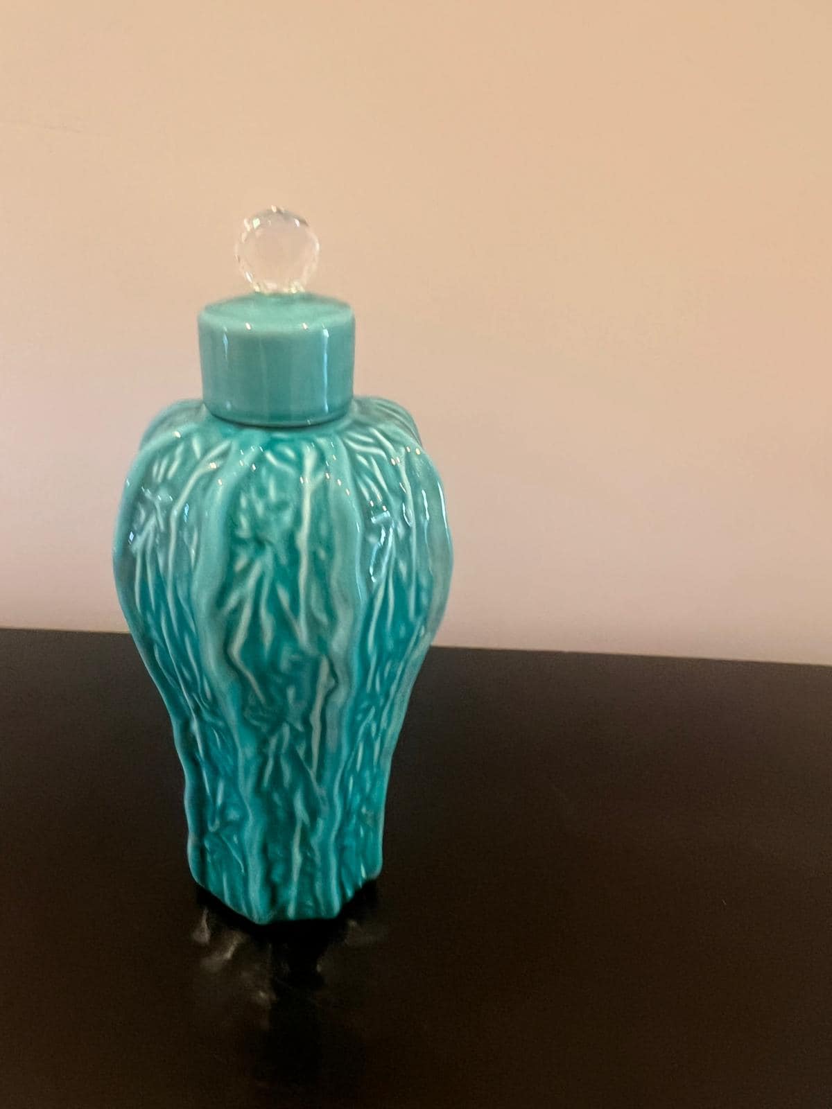 Turquoise Ceramic Lidded Jar with Crystal Finial – Decorative Home Accent