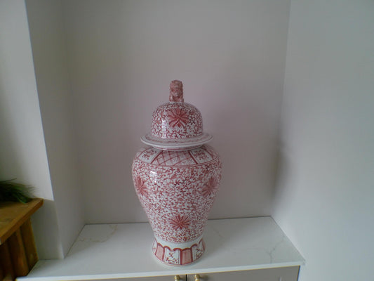 Vintage Style Red Floral Ginger Jar – Porcelain Decorative Vase with Lid 29''
