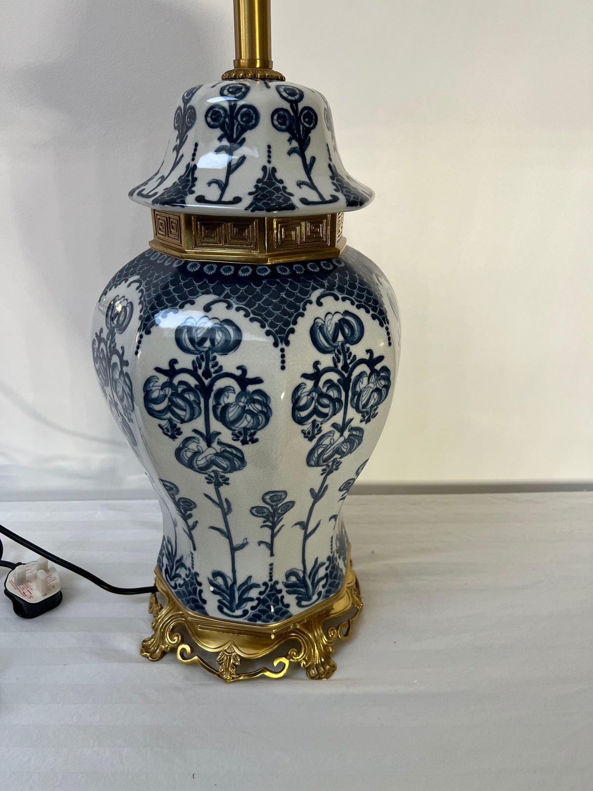 Blue and White Porcelain Table Lamp with Fabric Shade – Classic Decorative Lighting - 95cm