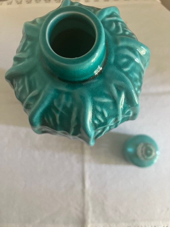 Turquoise Ceramic Lidded Jar with Crystal Finial – Decorative Home Accent