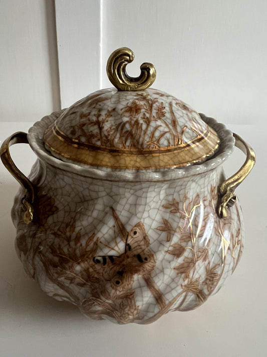 Crackle Glaze Porcelain Lidded Jar with Gilt Handles – Floral & Butterfly Decor