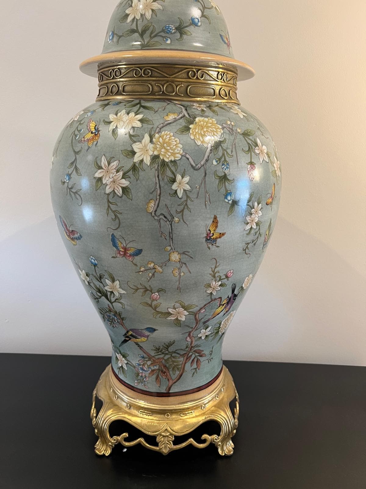 Green Porcelain Ginger Jar with Butterflies & Flowers – Gilded Decorative 67cm H