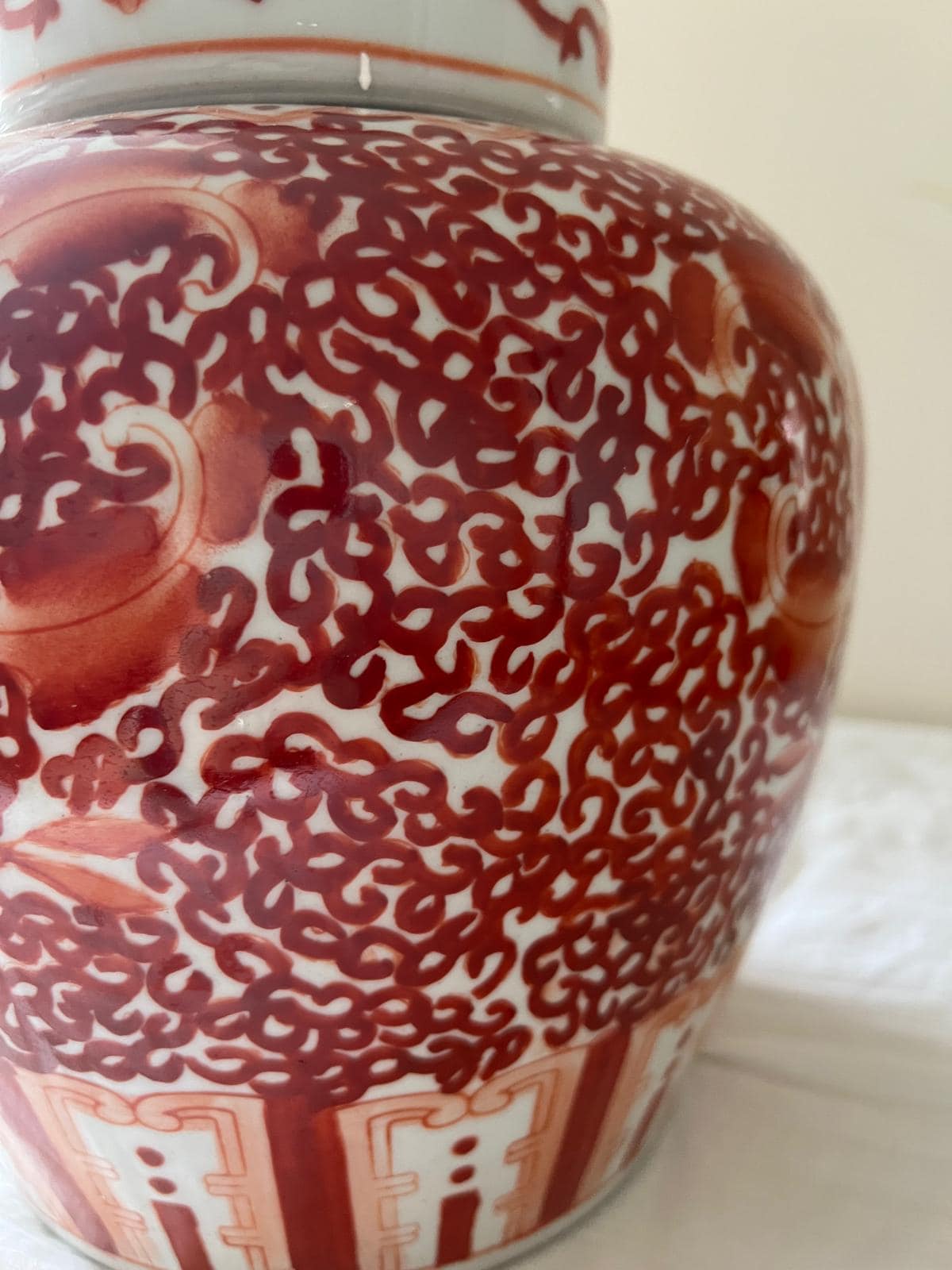 Red & White Decorative Ceramic Jar – Handcrafted Floral and Geometric Design with Lid