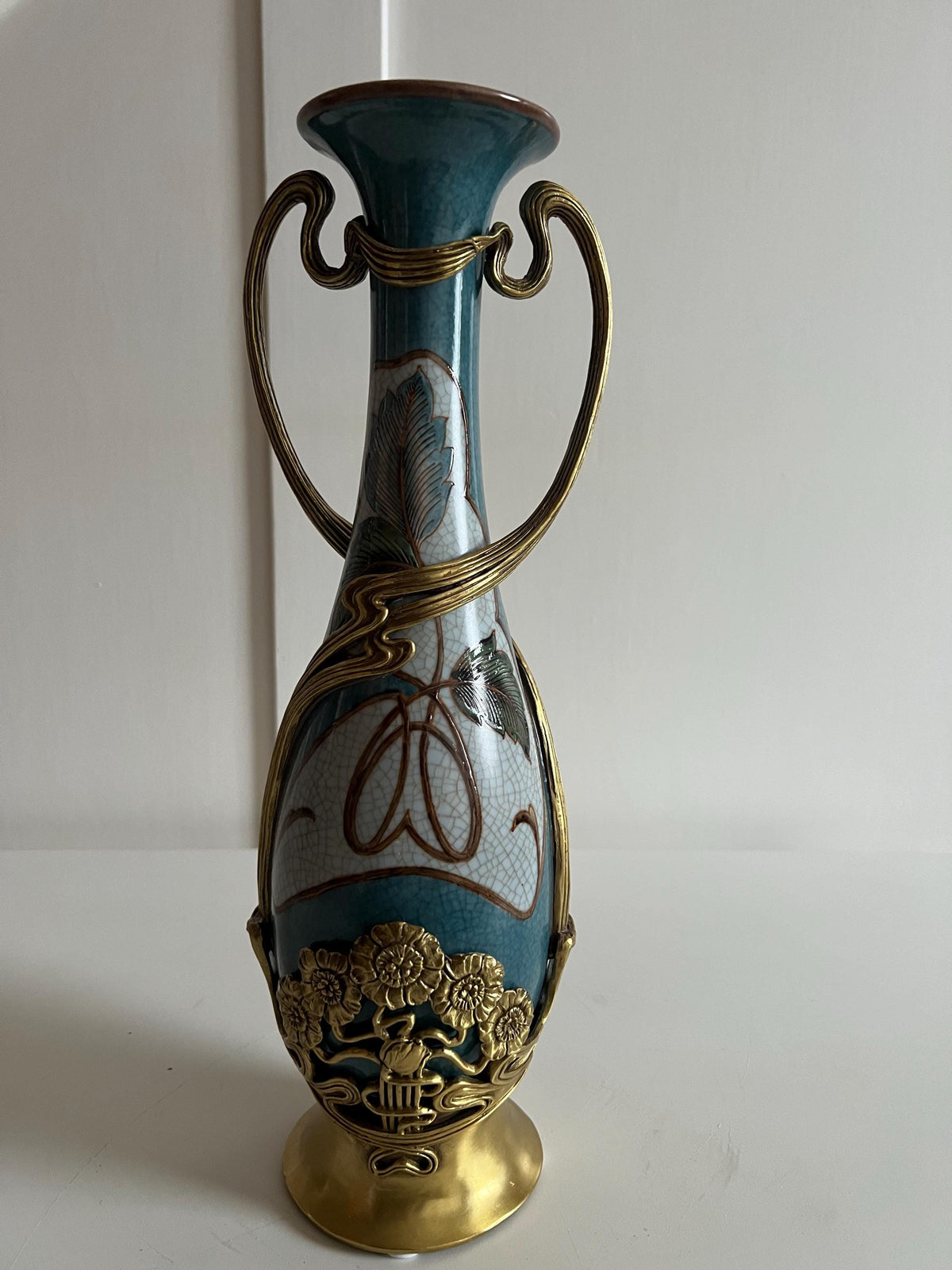 Art Nouveau Porcelain Vase with Gold Floral Base