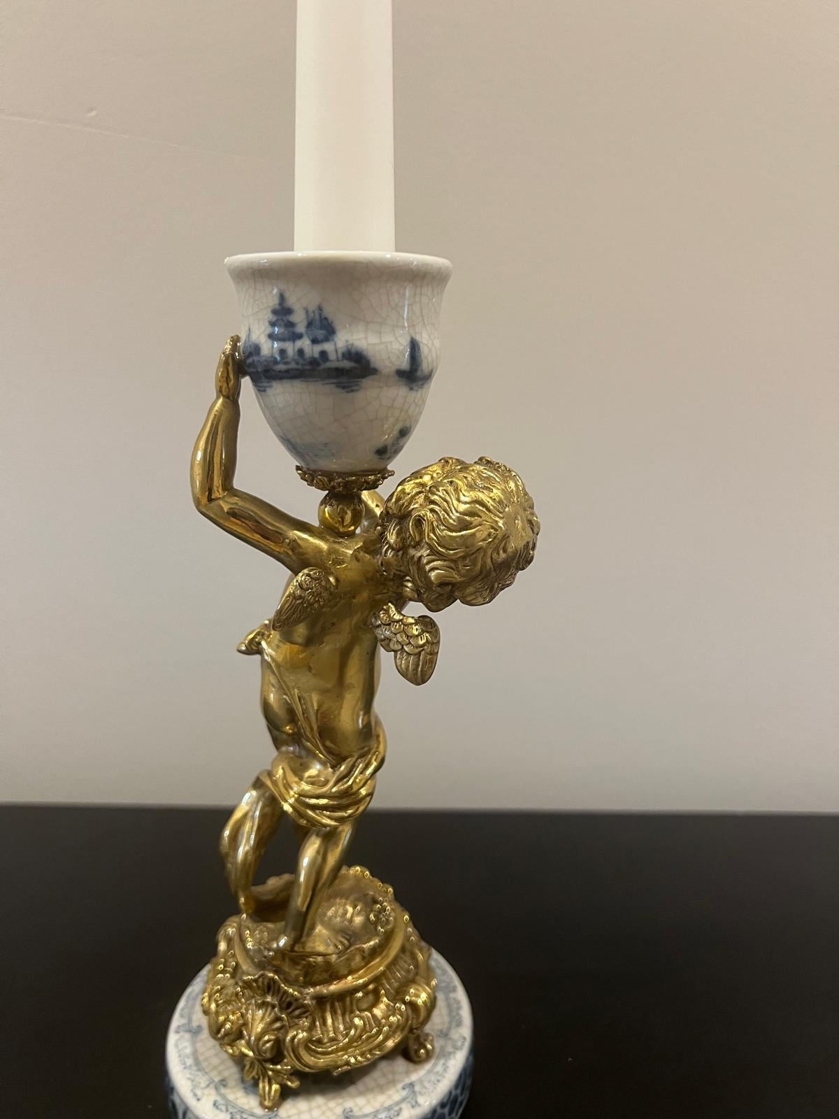 Pair of Cherub Candle Holders with Blue & White Porcelain Urns – Ornate Gilt Candelabras