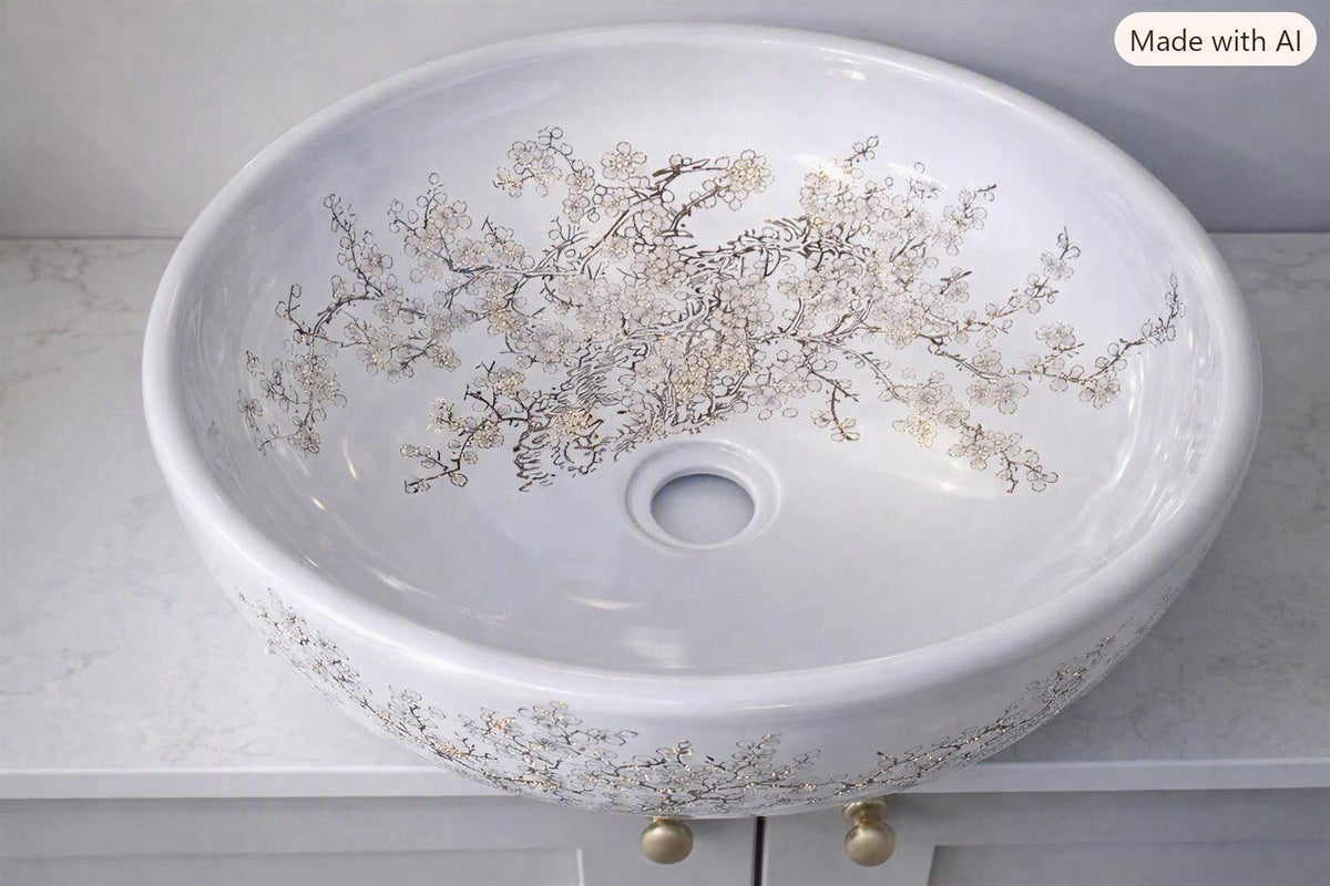 Vintage Style Porcelain Sink Pair – Hand-Painted Botanical Double Vanity Set