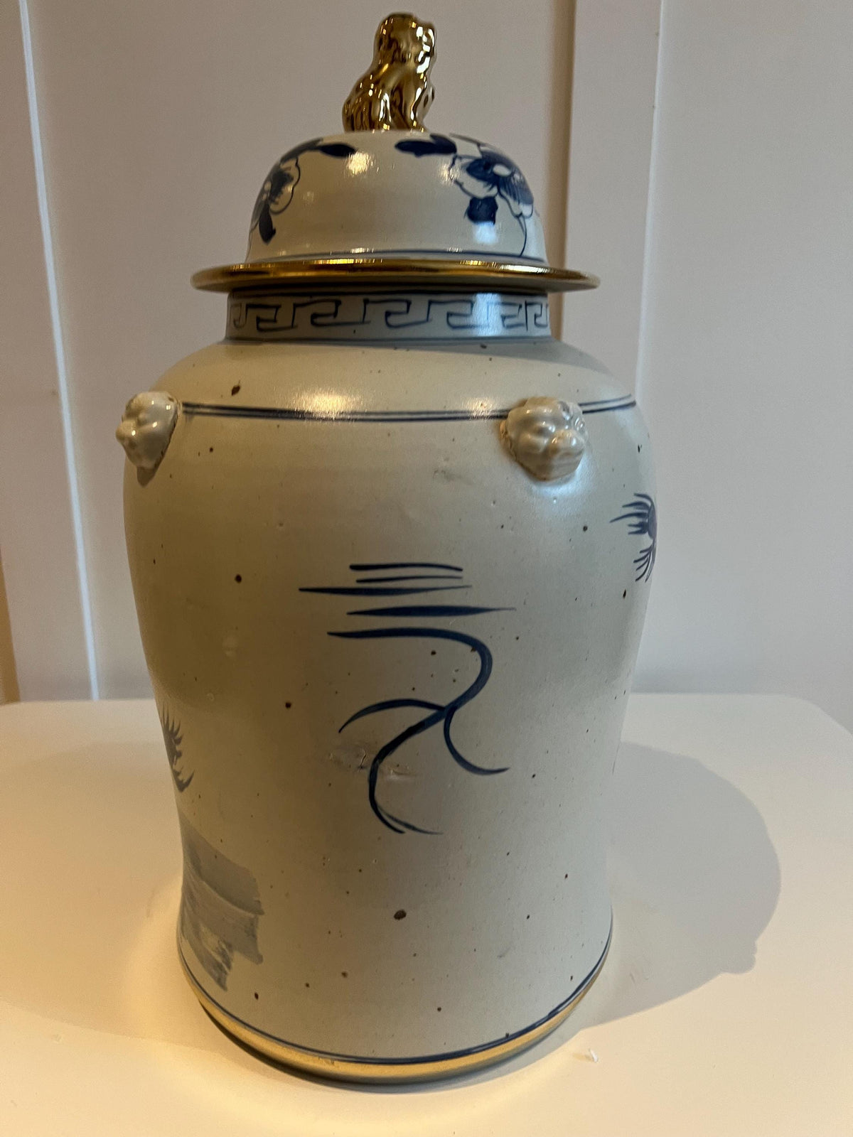 Blue and White Porcelain Ginger Jar with Bird & Floral Motif – Gilt Lidded Decor 19"