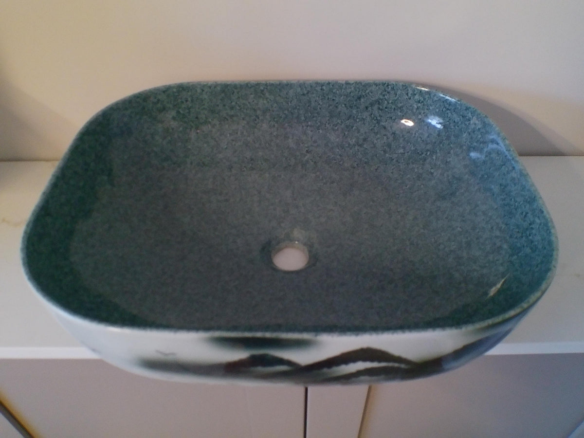 Hand‑Painted Porcelain Basin – Grey Landscape Bathroom Sink – Modern Artistic Wash Bowl