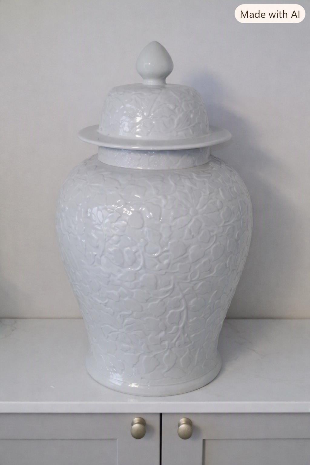 Embossed White Ceramic Ginger Jar – Elegant Floral Motif with Lid