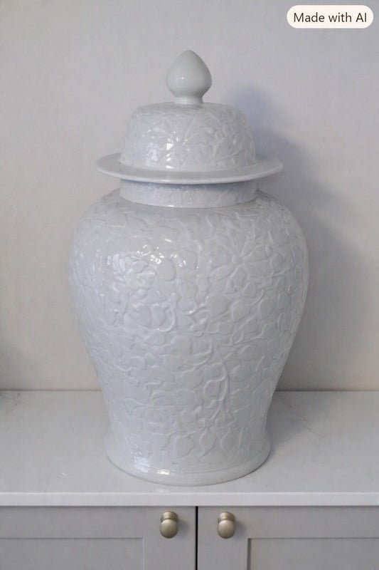 Embossed White Ceramic Ginger Jar – Elegant Floral Motif with Lid