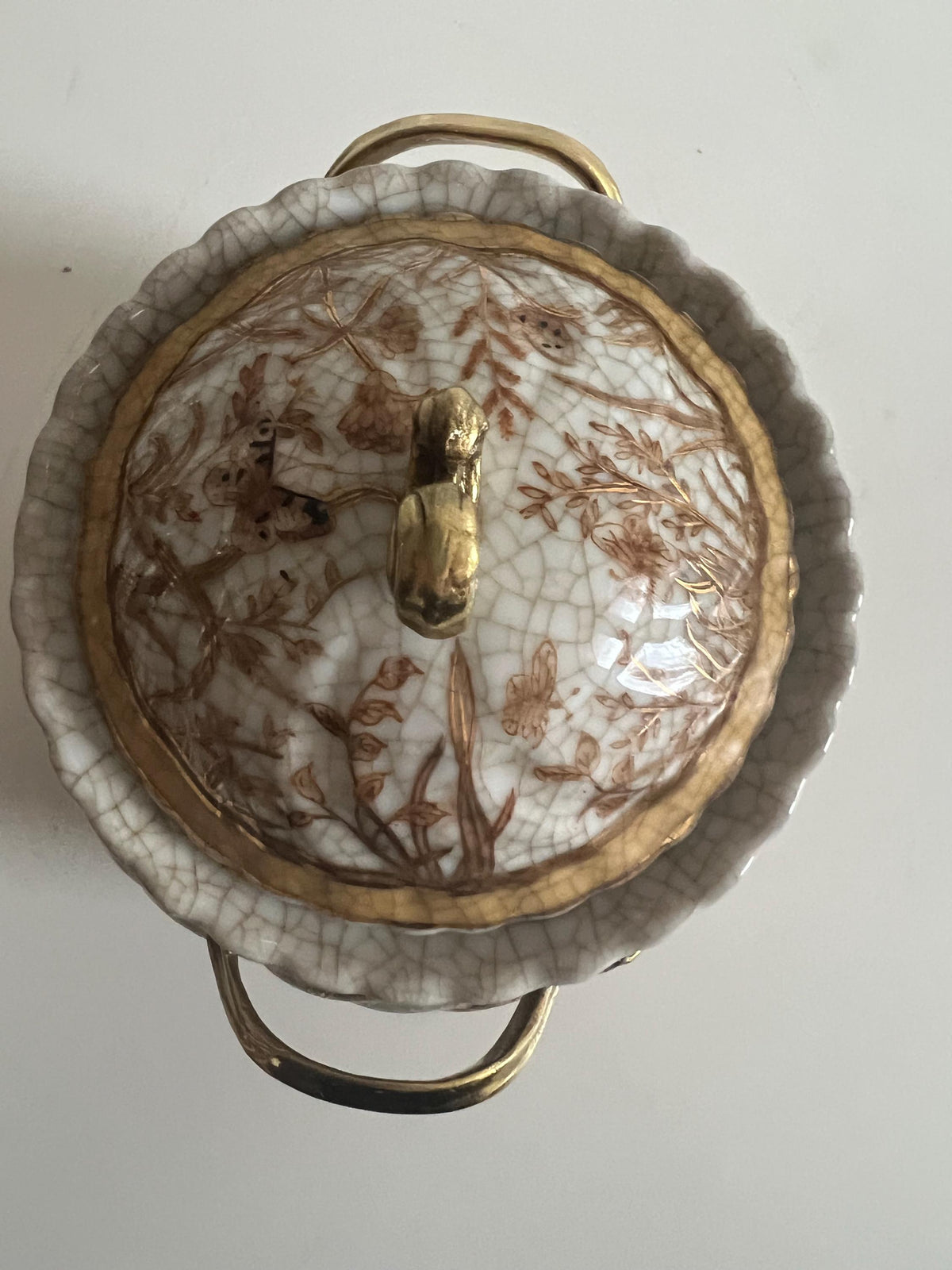Crackle Glaze Porcelain Lidded Jar with Gilt Handles – Floral & Butterfly Decor