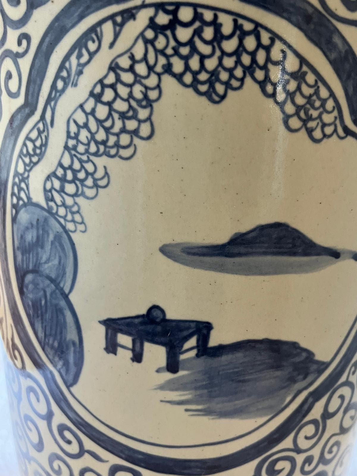 Vintage Style Chinese Blue and White Porcelain Umbrella Stand – Pagoda Landscape