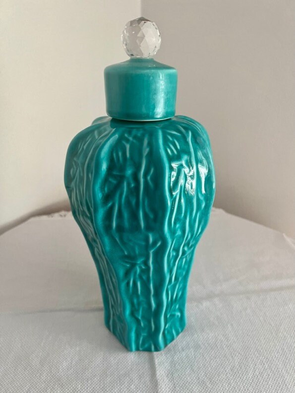 Turquoise Ceramic Lidded Jar with Crystal Finial – Decorative Home Accent