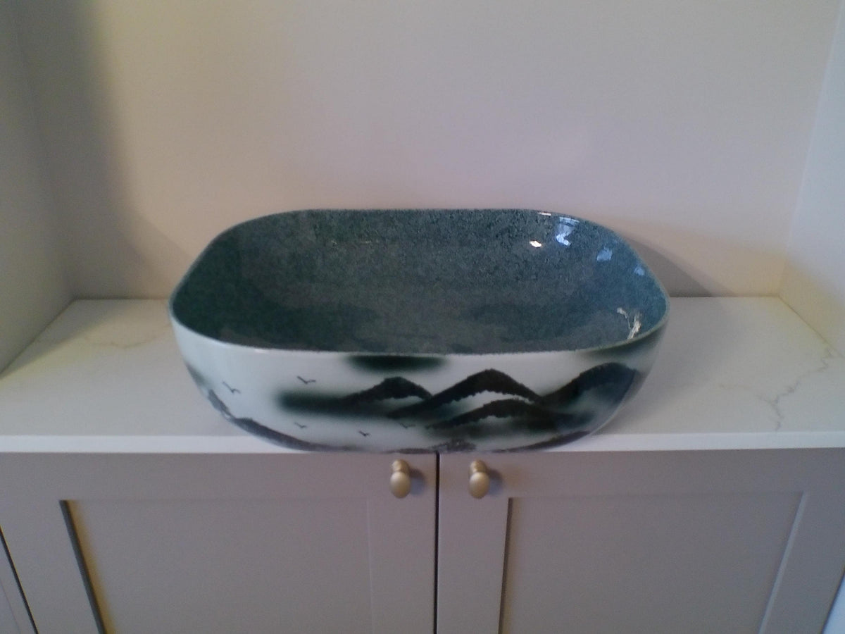 Hand‑Painted Porcelain Basin – Grey Landscape Bathroom Sink – Modern Artistic Wash Bowl